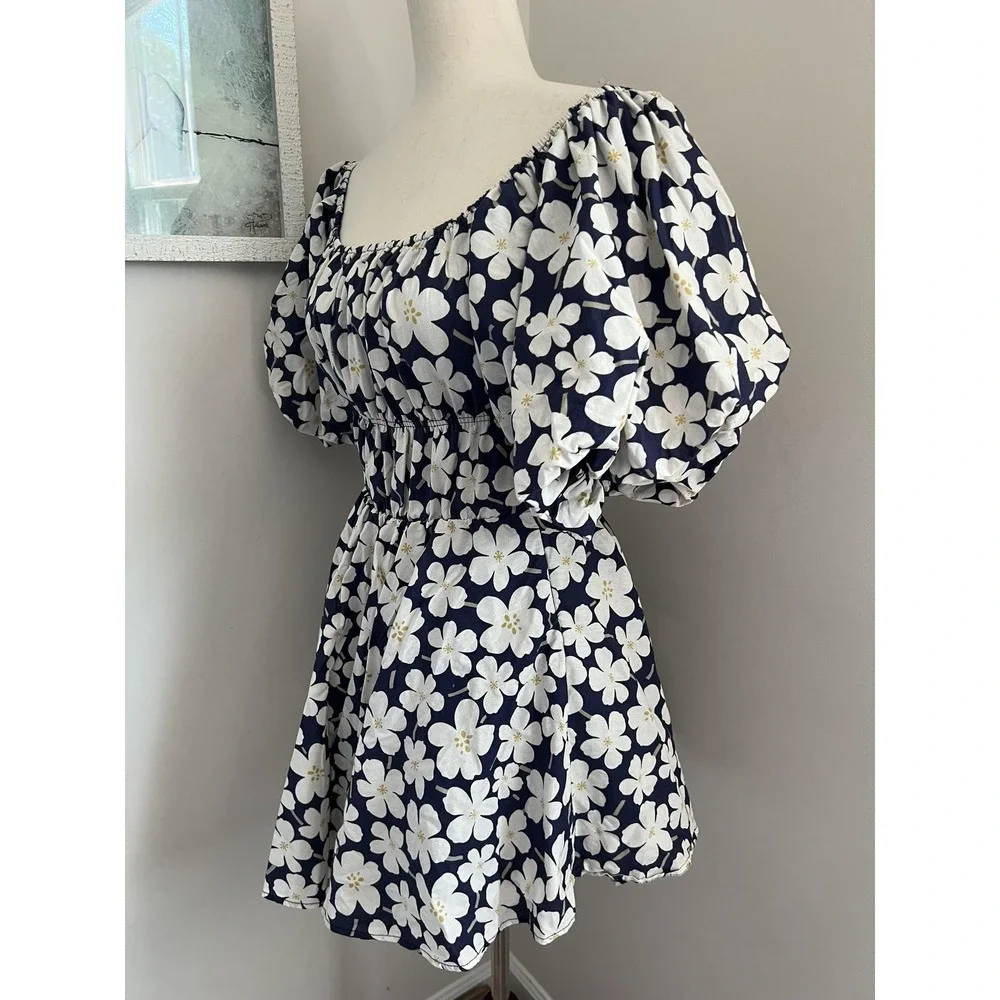 Blue Floral Off Shoulder Babydoll Mini Dress Smocked Sundress Cottage Boho - Picture 2 of 10